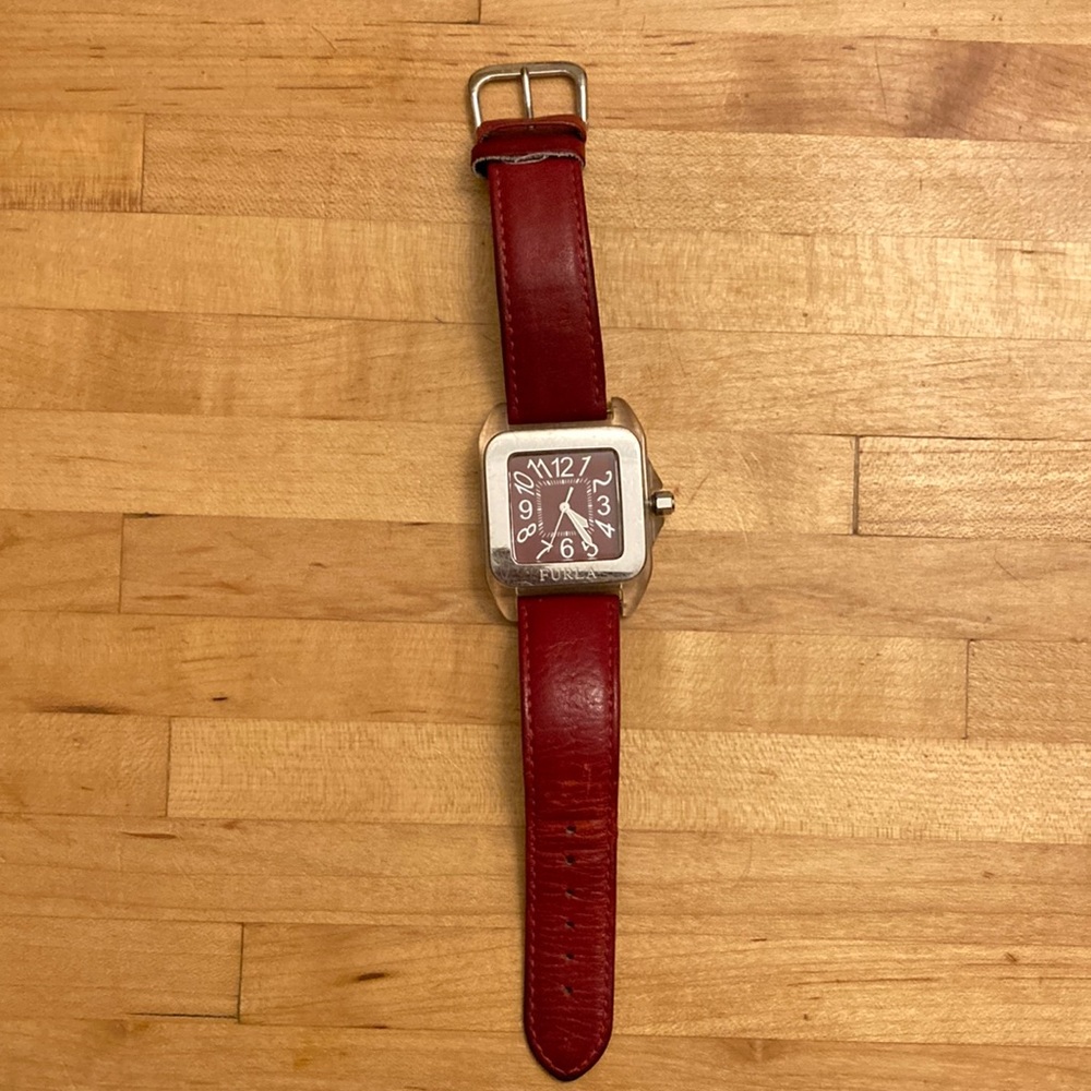 Furla Watch. Red leather strap. Square face.